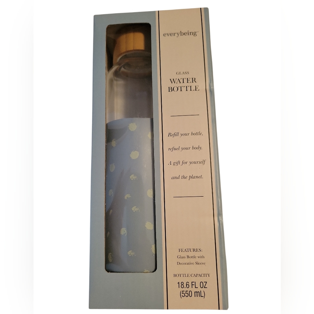 NIB Glass Water Bottle with Decorative Sleeve - Blue 18.6 Oz